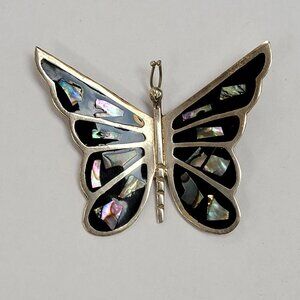 Large Vintage Mexico Mother of Pearl Inlay Alpha Butterfly Brooch